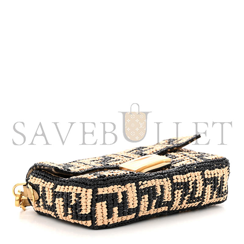FENDI RAFFIA VITELLO GRACE FF CROCHET BAGUETTE NATURAL BLACK PAGLIA (27*15*6cm)